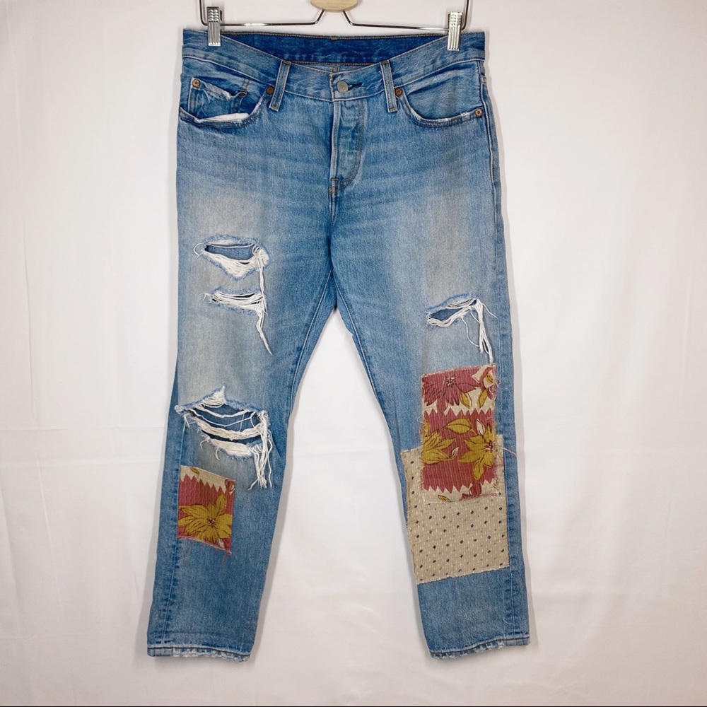 Levi’s Distressed Floral Patched 501 Jeans 27x32 - image 1